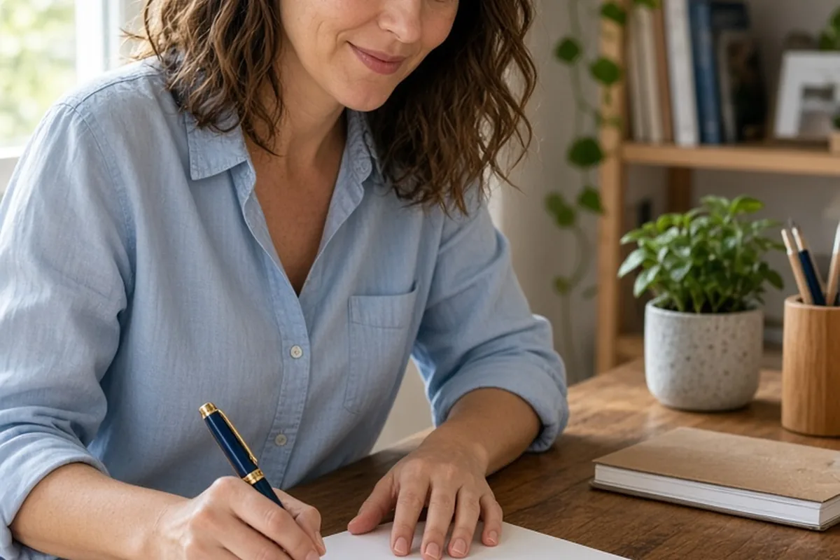 A woman writing creative wedding invitation wording on paper at a desk using a pen