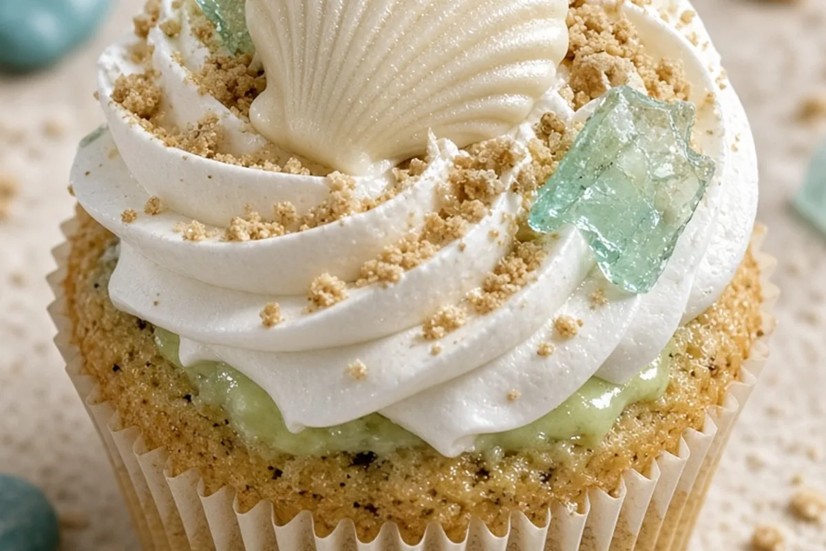 Close-up of a cupcake with white frosting, white chocolate seashell, isomalt sea glass shards, and graham cracker sand on a wooden riser