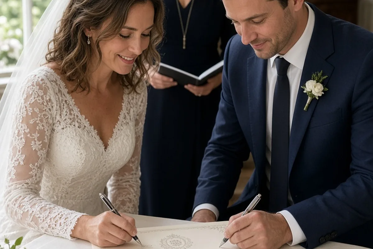 A bride and groom signing their wedding certificate together at a table with pens during the ceremony