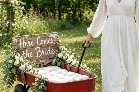 An adult woman pulling a red wagon decorated with flowers and a sign down a grassy wedding aisle