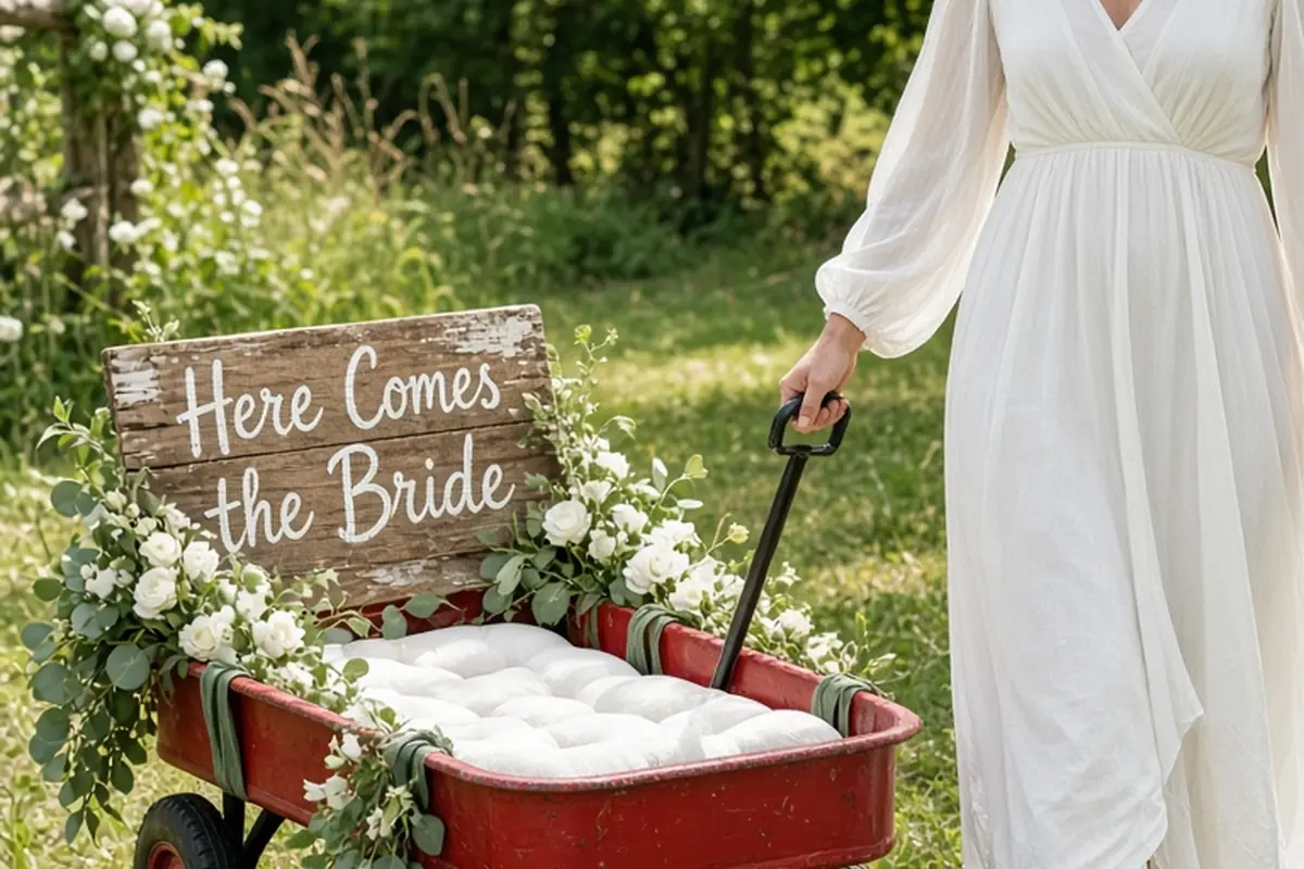 An adult woman pulling a red wagon decorated with flowers and a sign down a grassy wedding aisle