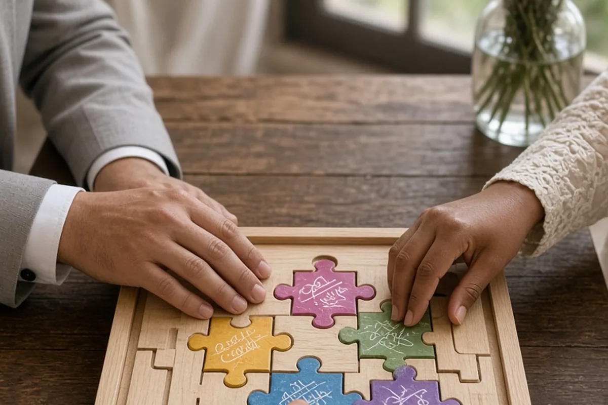 Close-up of a wooden family puzzle on a wedding altar table with hands placing signed puzzle pieces into the frame