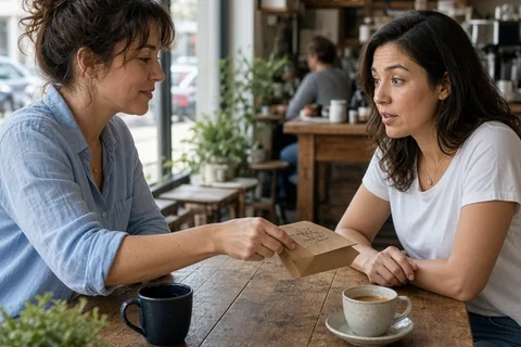 Two women at a coffee shop table sliding a coffee sleeve with a note to the other during a conversation