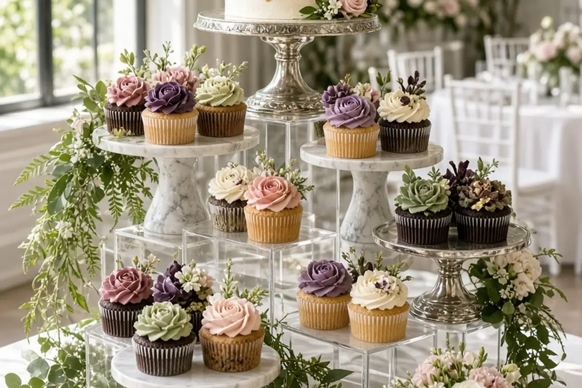 multi-tiered wedding cupcake display topped with a small cutting cake, styled with mismatched pedestals, greenery, and flowers