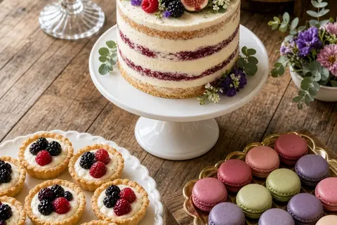 A single-tier semi-naked berry sponge cake on a tall white pedestal decorated with fresh figs, eucalyptus sprigs and edible flowers, surrounded by mini fruit tarts with glazed berries, French macarons
