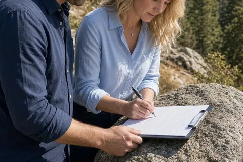 A couple in their thirties signing a marriage certificate on a clipboard placed on a large rock outdoors