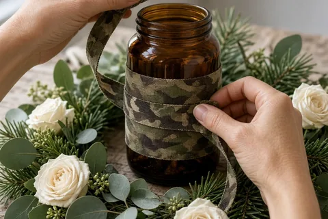 Close-up of a hand wrapping an amber glass jar with camouflage ribbon on a wooden base surrounded by eucalyptus and roses