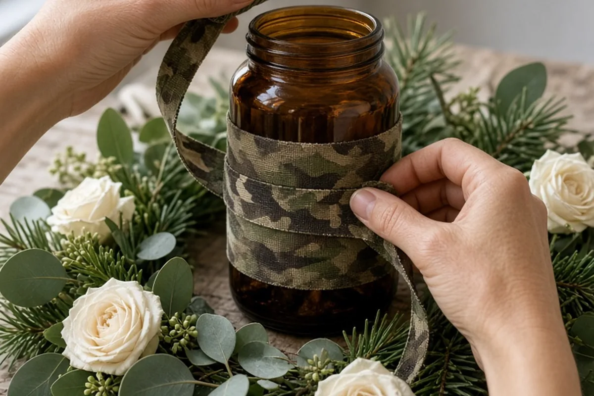 Close-up of a hand wrapping an amber glass jar with camouflage ribbon on a wooden base surrounded by eucalyptus and roses