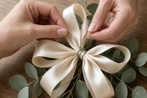 A woman's hands wrapping floral wire around the center of a multi-loop ivory ribbon bow on a wooden table