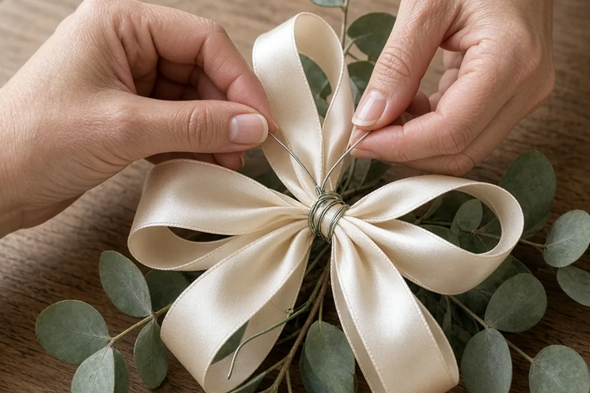 A woman's hands wrapping floral wire around the center of a multi-loop ivory ribbon bow on a wooden table