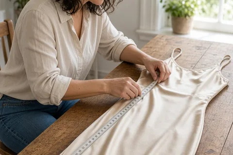 Woman in casual clothes measuring the seam allowance of a vintage silk dress on a wooden table with a tape measure in natural light