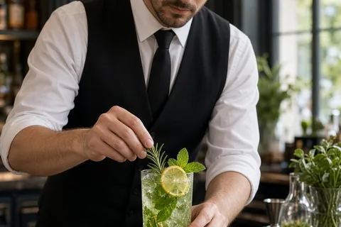 A bartender garnishing a signature mocktail with fresh rosemary and citrus at an elegant wedding reception