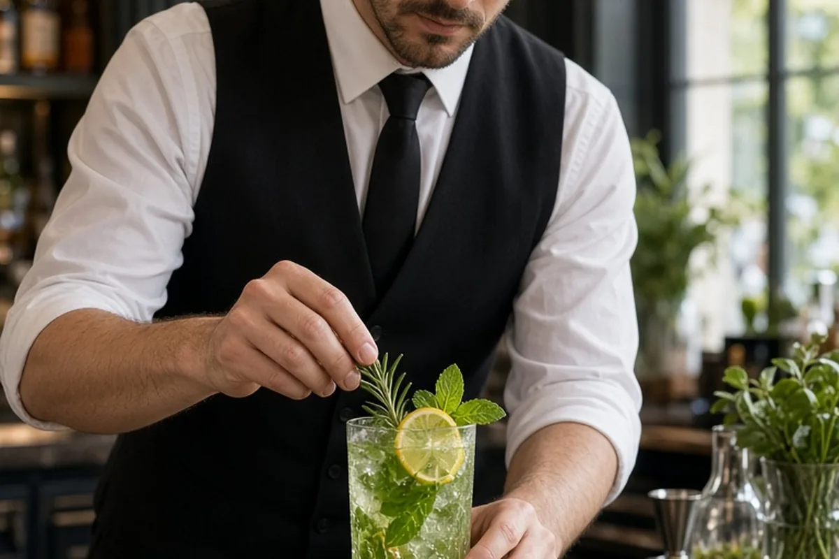 A bartender garnishing a signature mocktail with fresh rosemary and citrus at an elegant wedding reception