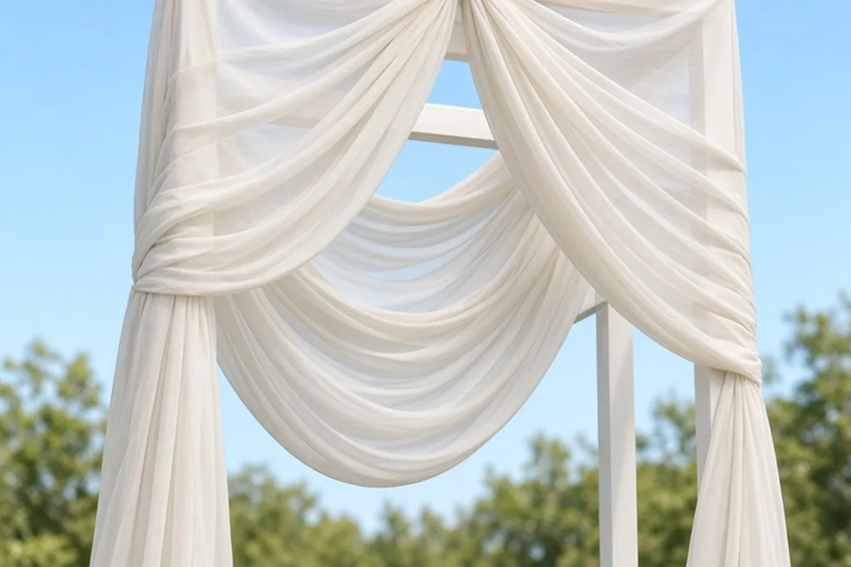 A white wooden wedding arch in an outdoor setting completely draped in layered white tulle swags that cascade to the floor, secured with clear zip ties at the top under bright natural daylight.