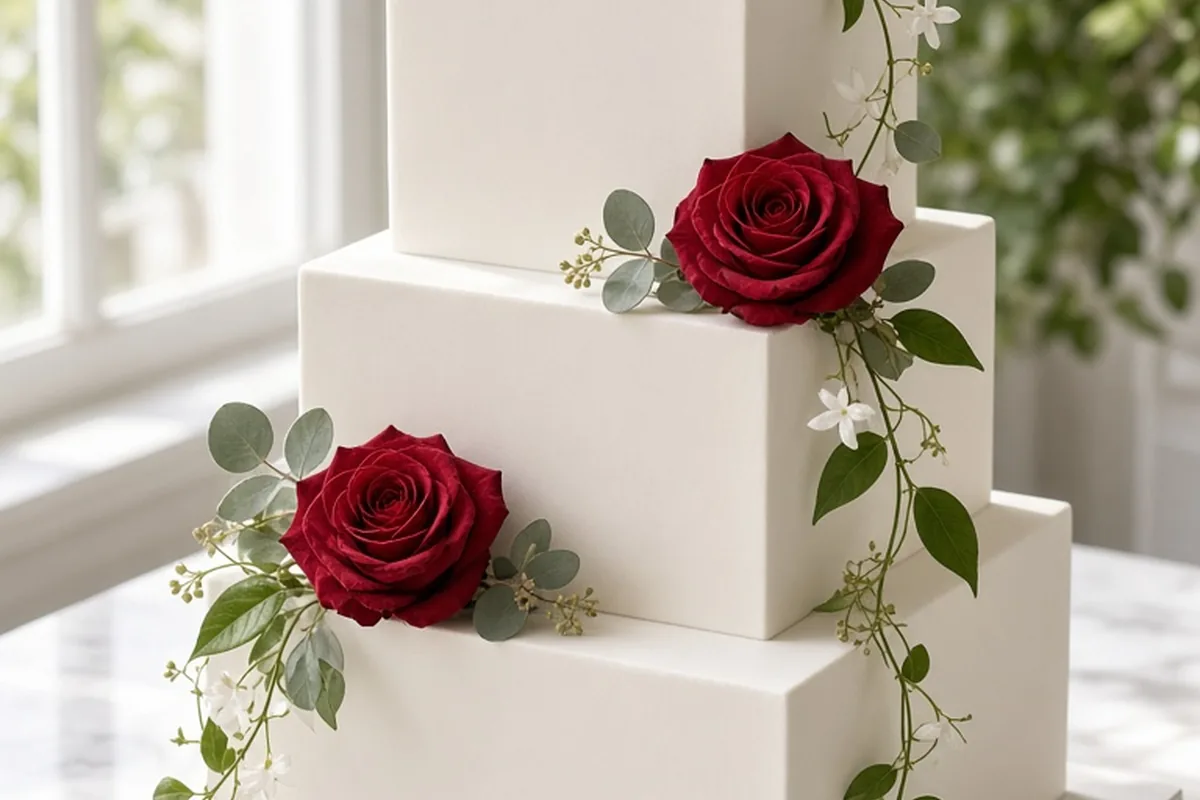 Three-tier square wedding cake with single red roses at each tier junction on white fondant background