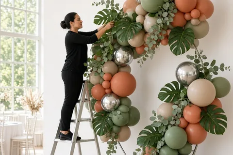 Professional female balloon artist installing a large organic balloon decoration with fresh monstera leaves in a wedding reception hall