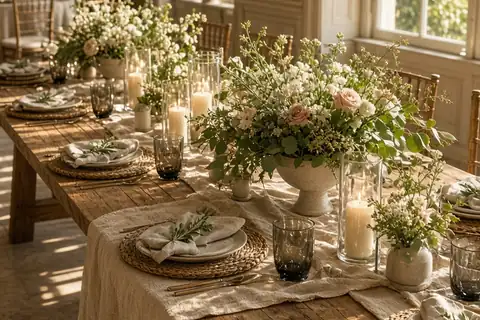Long wooden feasting table in a bright wedding reception hall decorated with low ceramic compotes of flowers and greenery, clusters of bud vases, tall floral stands on pedestals, and pillar candles in