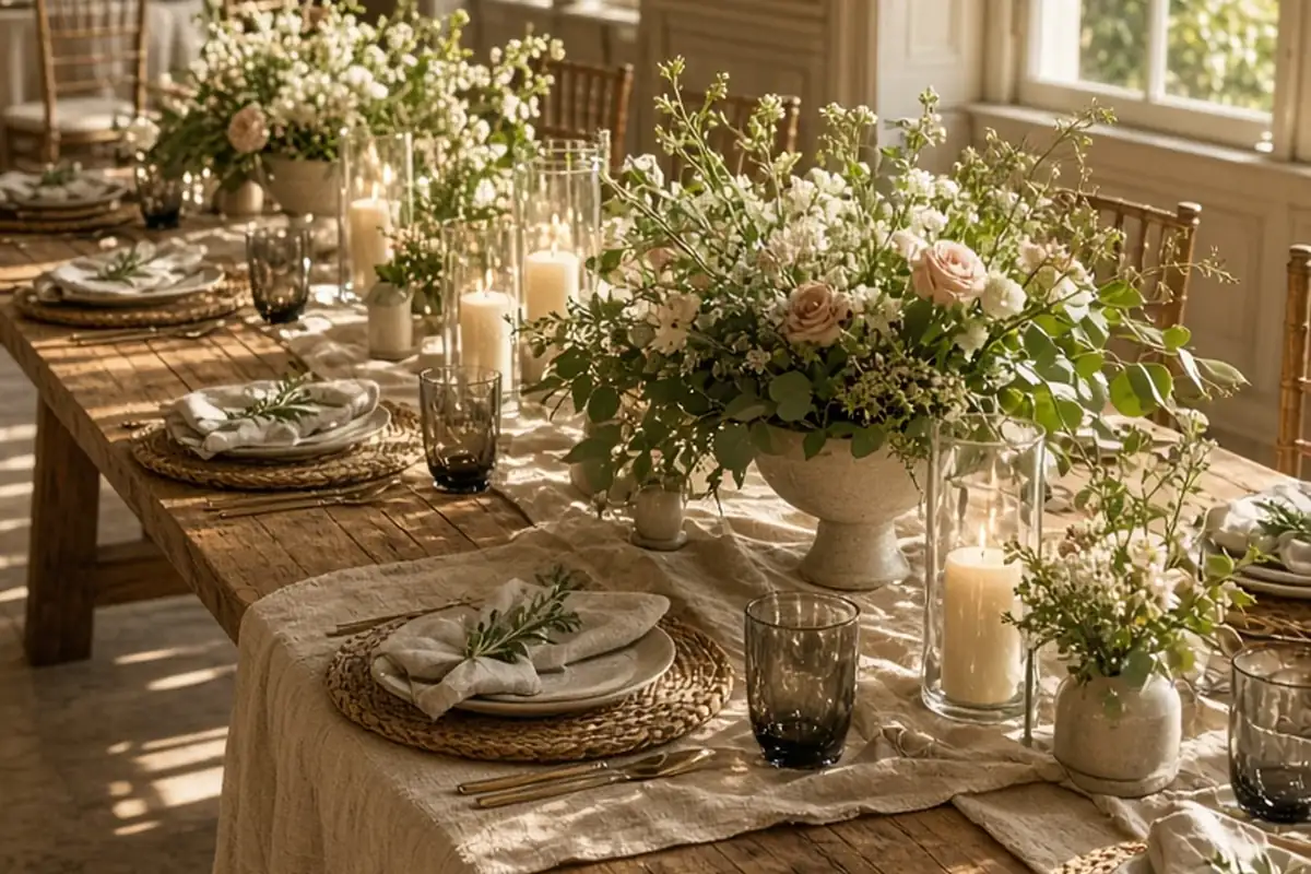Long wooden feasting table in a bright wedding reception hall decorated with low ceramic compotes of flowers and greenery, clusters of bud vases, tall floral stands on pedestals, and pillar candles in
