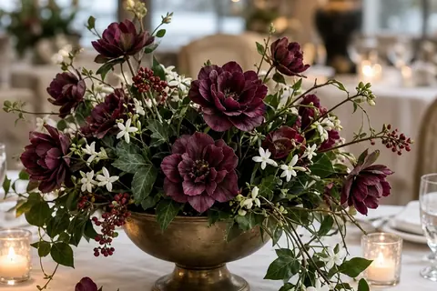 low winter wedding table centerpiece with hellebore, ivy and jasmine trailing from aged vessel onto white tablecloth