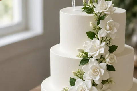 A hand inserting a floral pick with a bloom into a wedding cake tier