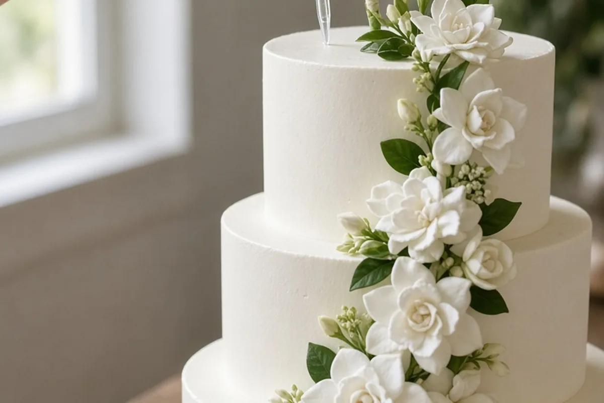 A hand inserting a floral pick with a bloom into a wedding cake tier
