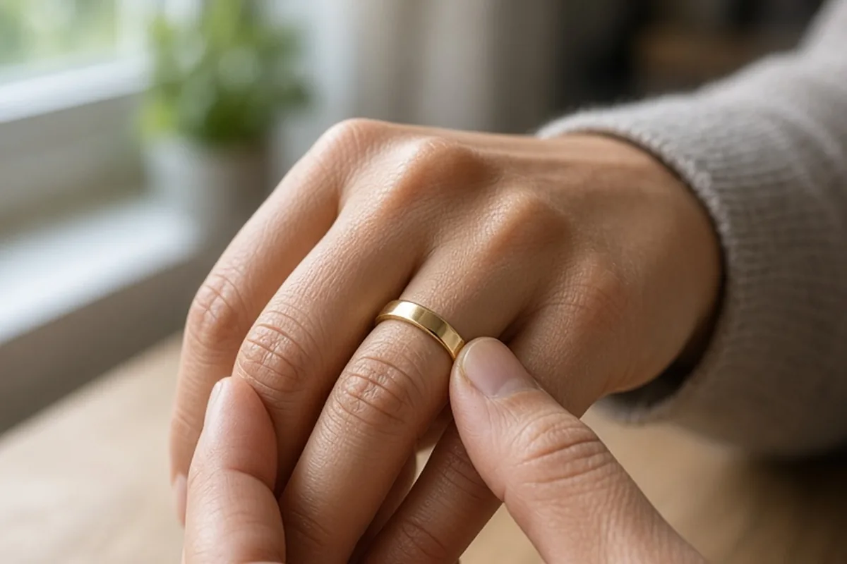 A woman's hand sliding a thin gold wedding band onto her finger over the knuckle in a jewelry store.