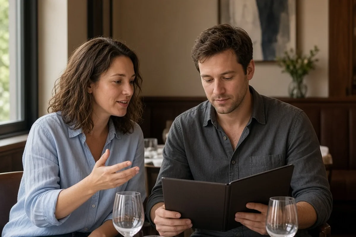 A couple seated at a dining table in a restaurant's private dining room, the woman gesturing toward the table setup as she discusses the wedding with her partner