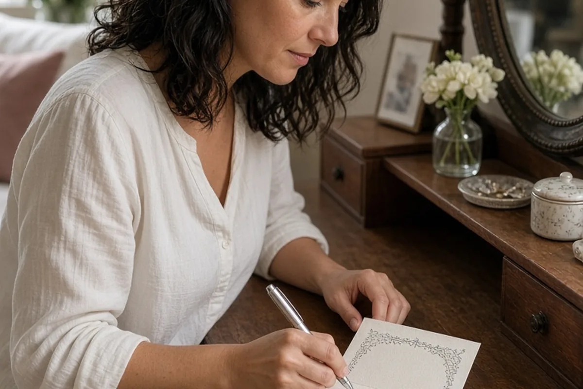 A woman with shoulder-length wavy dark hair writing on a card at a vanity table in the bridal suite