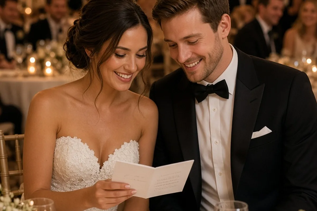 The bride and groom at the wedding reception head table holding a card and reading the thank-you poem together.