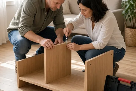 A couple in their thirties assembling flat-pack furniture together in a living room