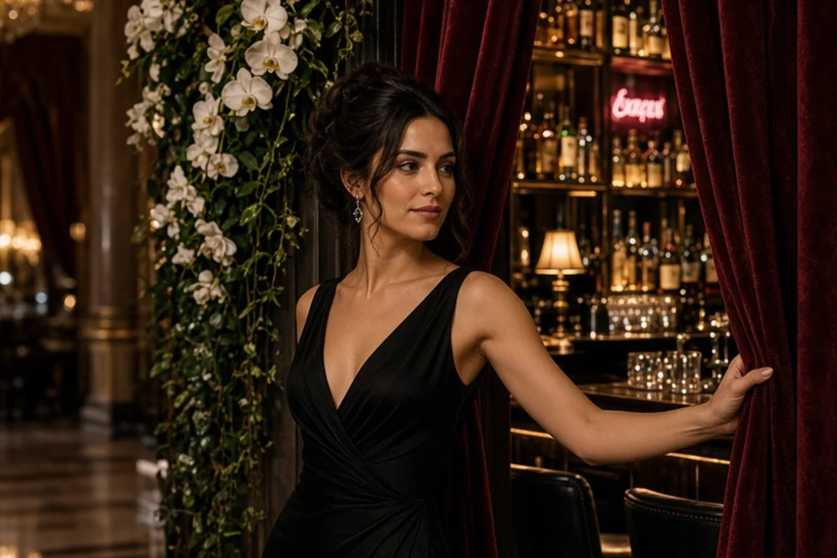 A woman in a black evening gown pulling back a velvet curtain to reveal a hidden speakeasy lounge in a luxurious wedding venue