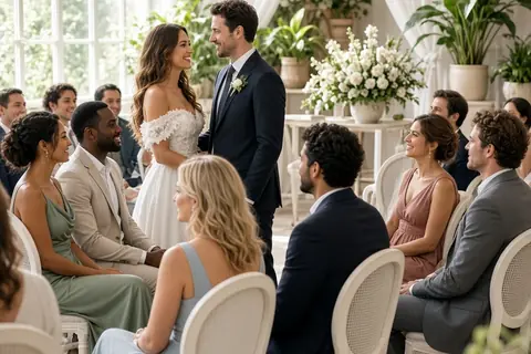Wedding guests seated in a semi-circular arrangement around an altar with floral decorations during a wedding ceremony