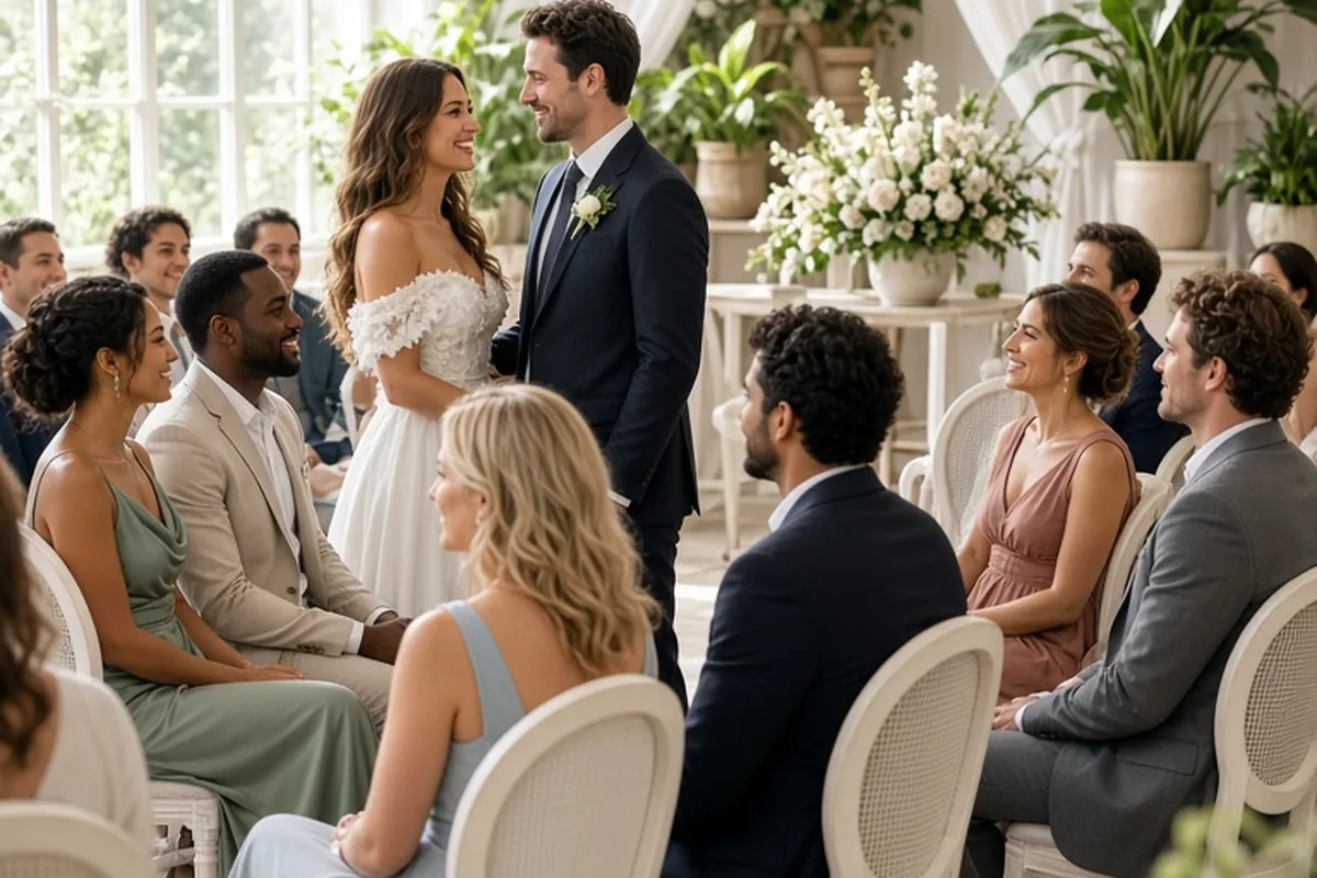 Wedding guests seated in a semi-circular arrangement around an altar with floral decorations during a wedding ceremony