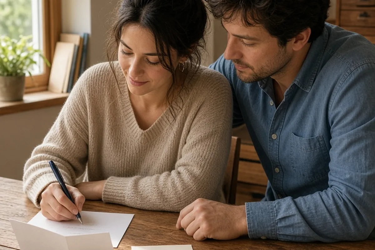 A couple in their thirties at a wooden desk writing a thank-you card by hand, woman using pen on paper, man watching, other cards nearby, medium three-quarter shot