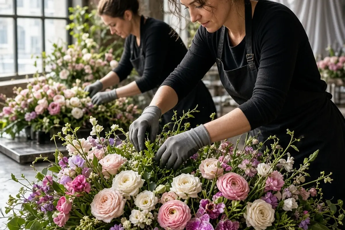 Two clearly adult floral assistants in their thirties carefully constructing modular floral ground nests on heavy iron plates using fresh cut flowers in a bright wedding venue hall