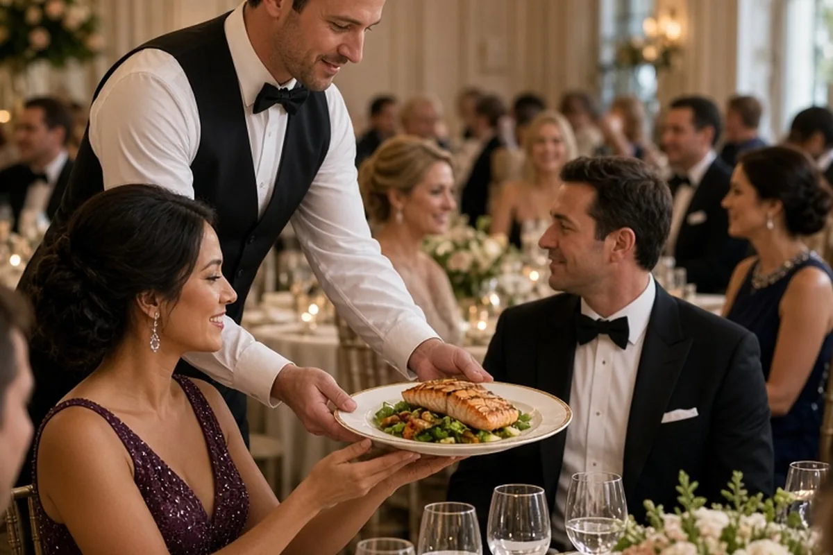 Professional server handing a plated course to a seated woman in a wedding reception