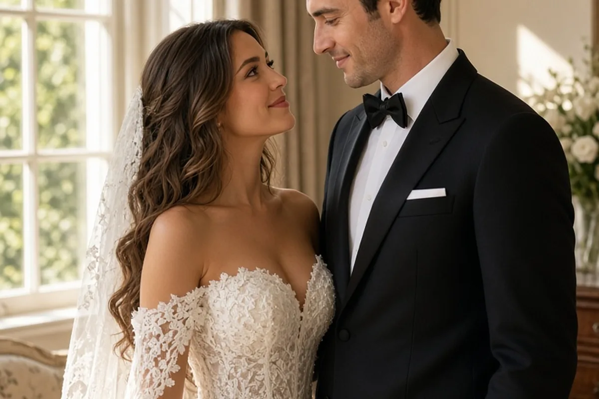 The bride and groom sharing their first look in a bridal suite, gazing into each other's eyes with tender smiles.