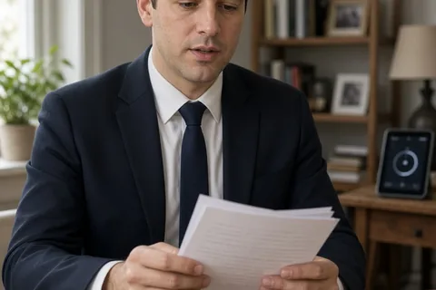 A man in a suit reading from note cards at a desk while practicing his speech, with a blurred timer in the background.