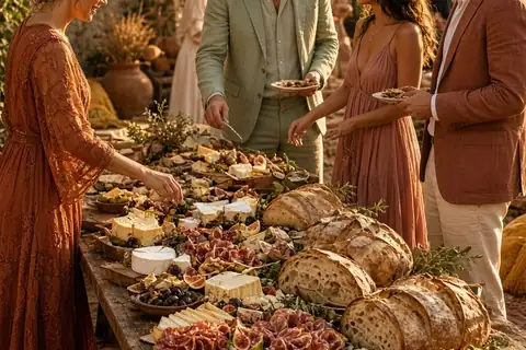 long wooden grazing table piled with artisanal cheeses figs honeycomb olives cured meats and bread with bohemian guests in earth tone attire mingling outdoors