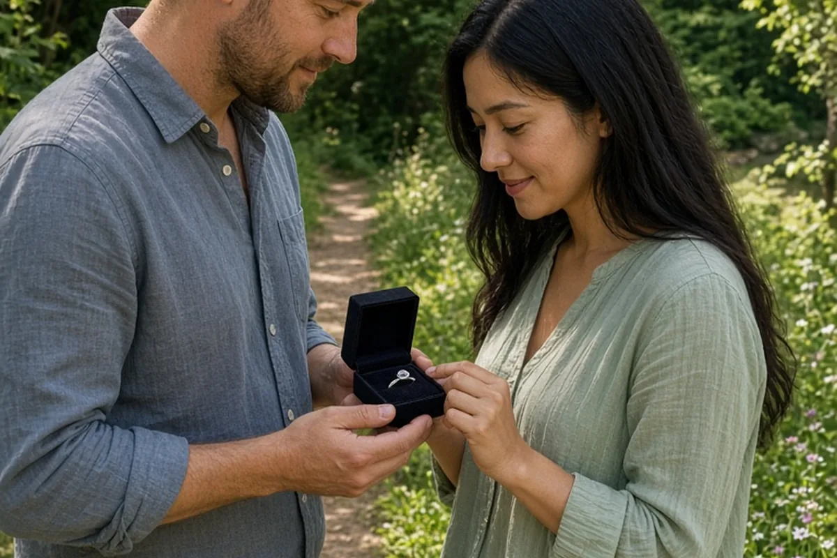 A man handing an open jewelry box with a promise ring to a woman on a hiking trail overlook