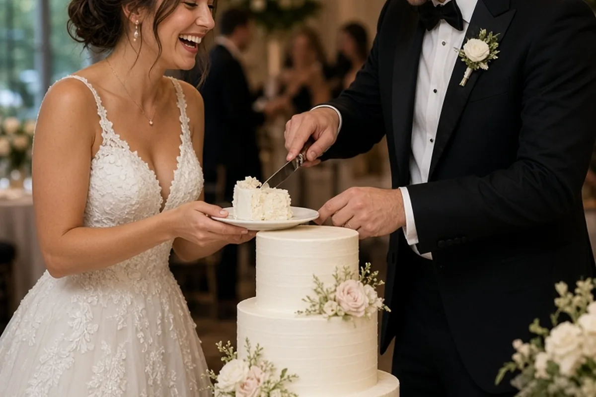 The bride and groom in wedding attire cutting a tiered wedding cake with a knife at the reception