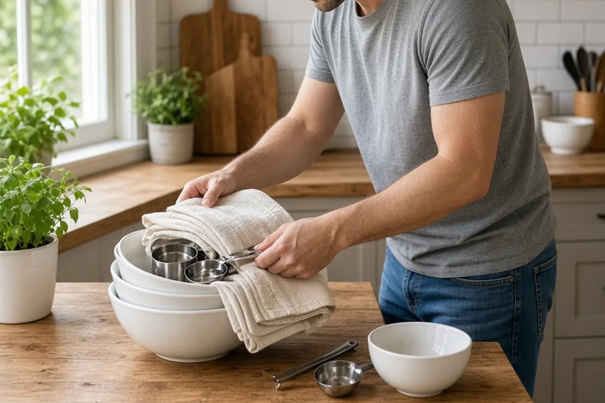 A man in his thirties carefully arranging a set of kitchen mixing bowls, measuring utensils, and cooking linens into a bundled gift on a wooden kitchen counter.