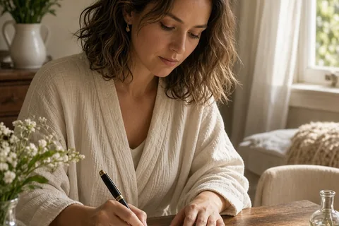 A woman writing a poem on a card at a vanity table in the bridal suite