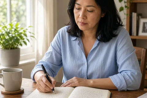 A woman writing in a notebook at a desk in a home office
