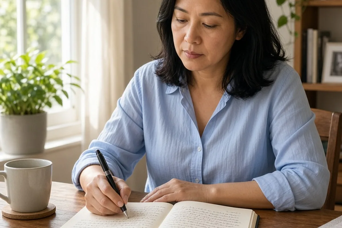 A woman writing in a notebook at a desk in a home office