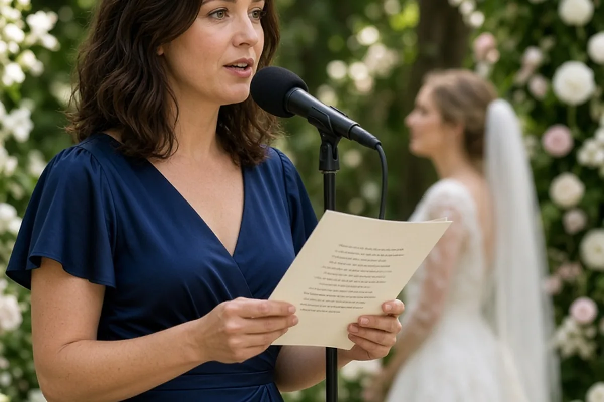 A woman at a microphone in a garden wedding ceremony reading a poem and looking at the bride