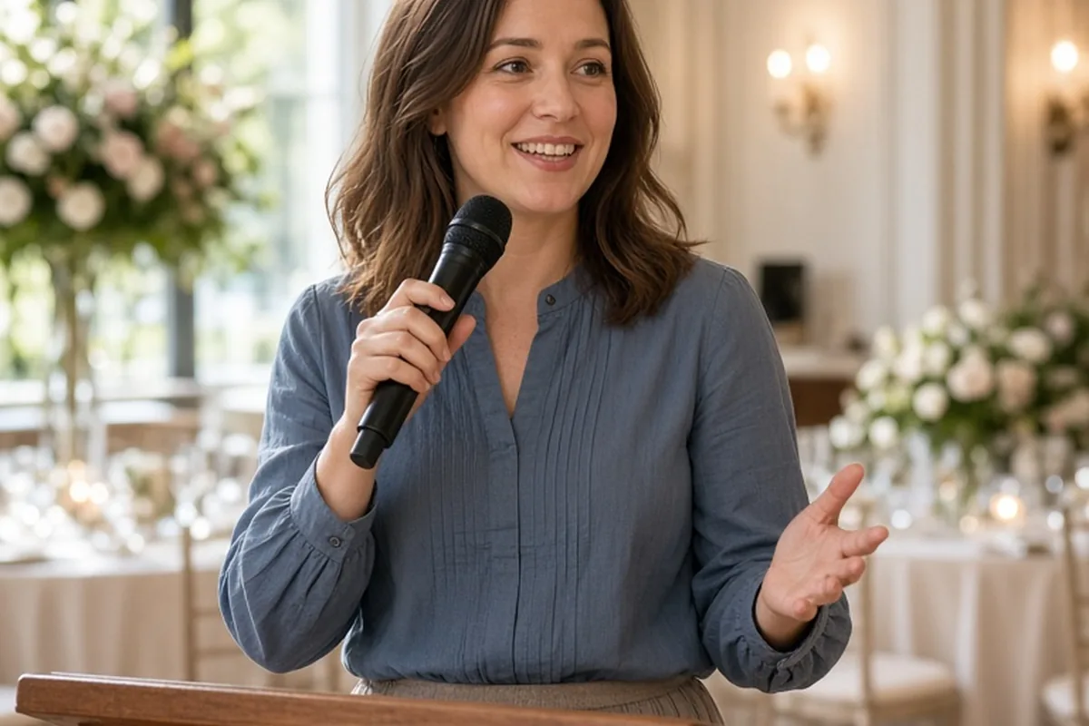 A woman in her thirties with shoulder-length brown hair wearing a modest long-sleeve blouse and skirt stands at a wooden podium in a sunlit wedding reception hall, holding a handheld microphone close 