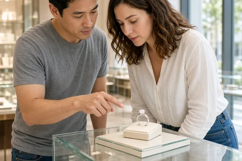 A couple in a jewelry store examining an engagement ring on display, the man pointing at it while the woman leans in to look.