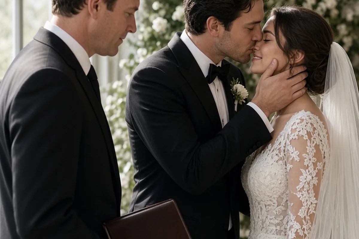 Wedding officiant stepping aside as the bride and groom share their first kiss at the altar
