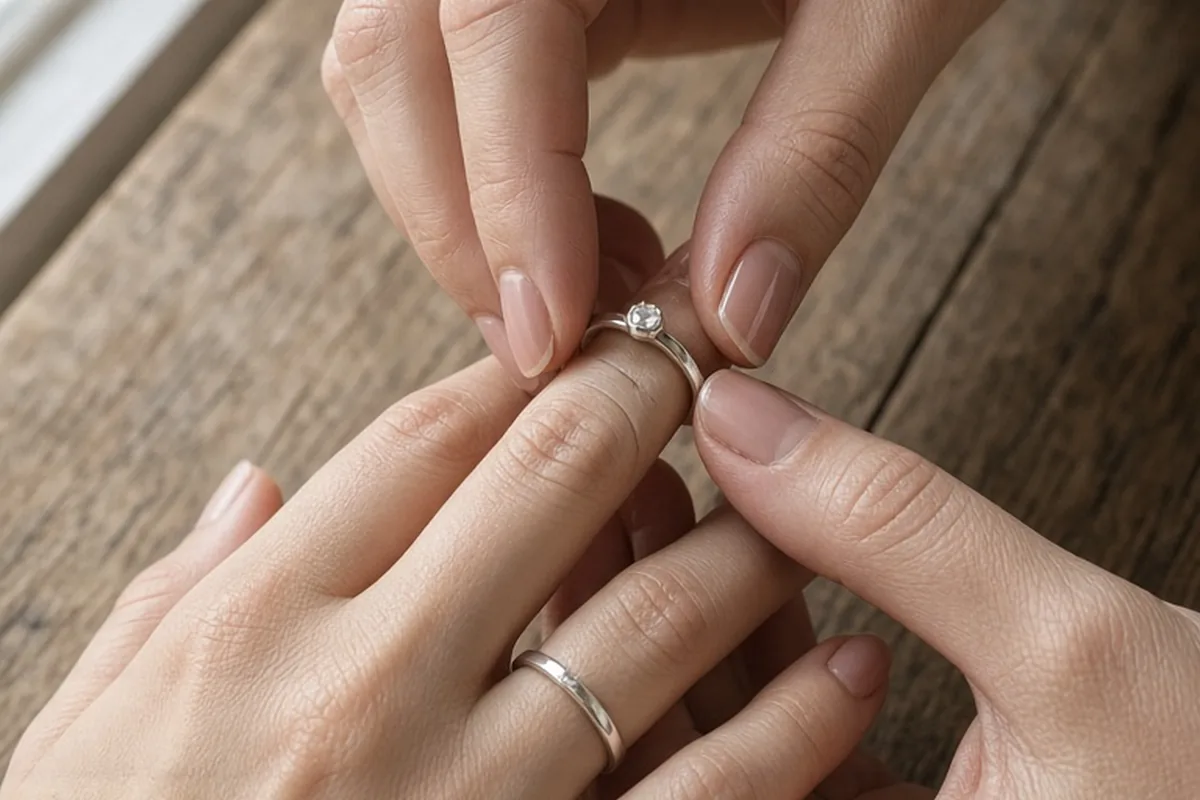 Close-up of a woman's hands transferring a promise ring from the left ring finger to the right ring finger